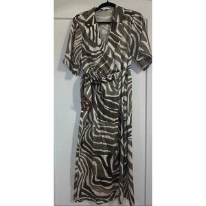 Zara Zebra Print Wrap Midi Dress with Belt – Neutral Taupe